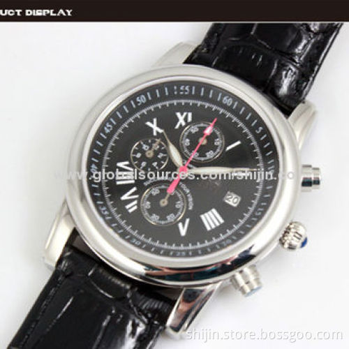 Stainless Steel Business Watch with Genuine Leather Band, Chronograph, Date, OEM, Made in China